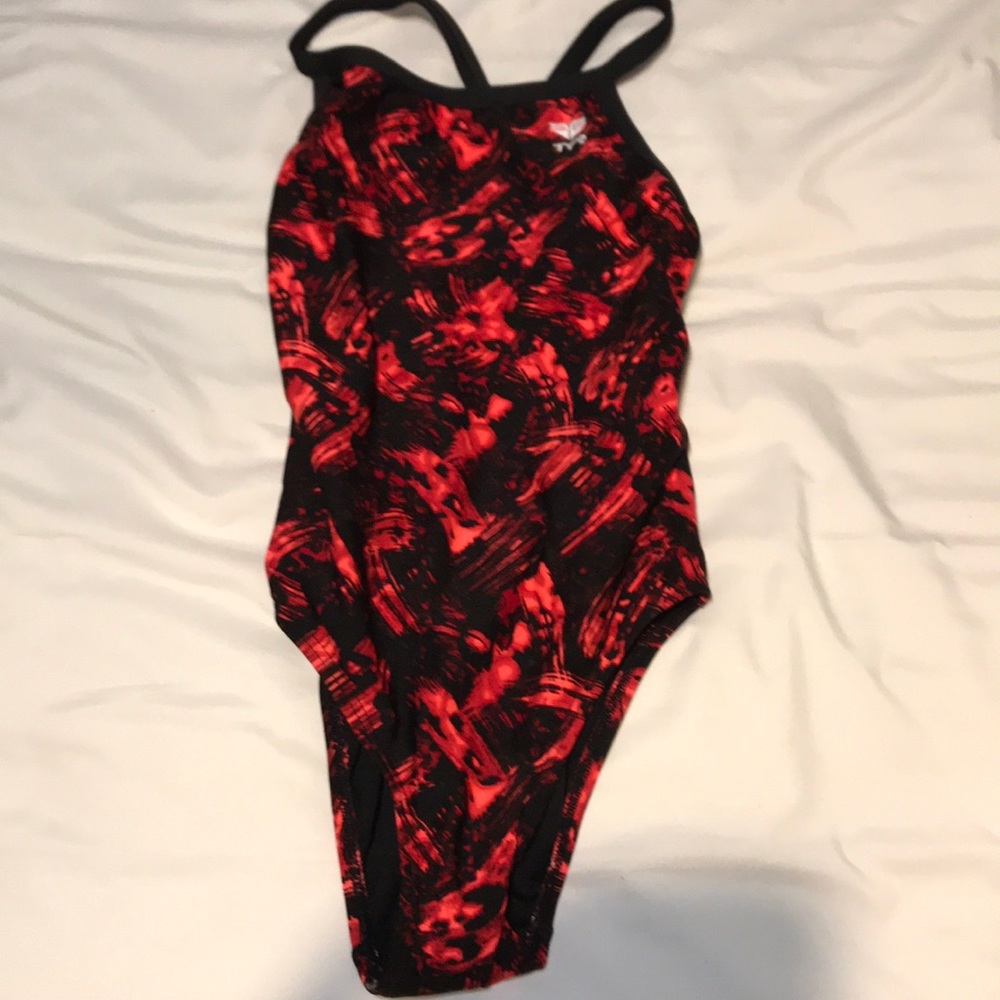 Black and red TYR training bathing suit